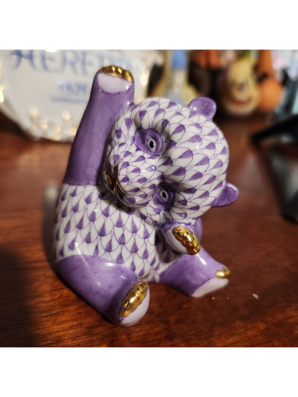 Vintage Herend Purple Lilac Fishnet Porcelain Playful Panda Bear Cub Figurine Wi